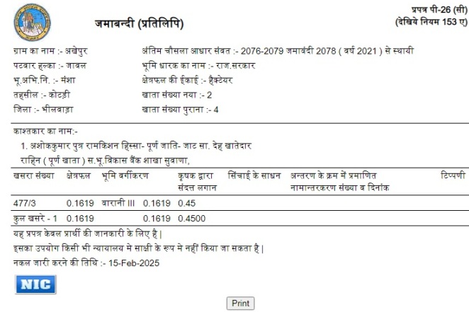 जमाबंदी नक़ल विवरण