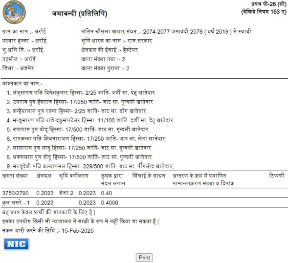जमाबंदी नक़ल विवरण